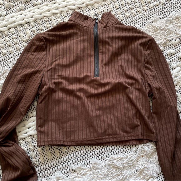 Brown half zip ribbed crop long sleeve - Picture 1 of 5